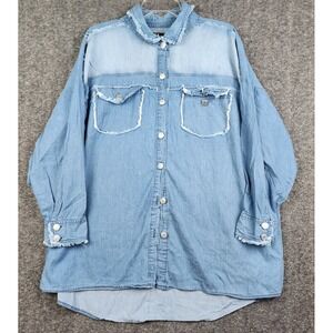 Thrill Jeans Denim Button Down Shirt Womens 3X Light Blue Distressed Oversized